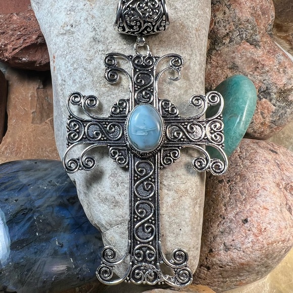 Hand Crafted Jewelry - Large cross pendant with a Genuine Larimar stone (Z-6)!